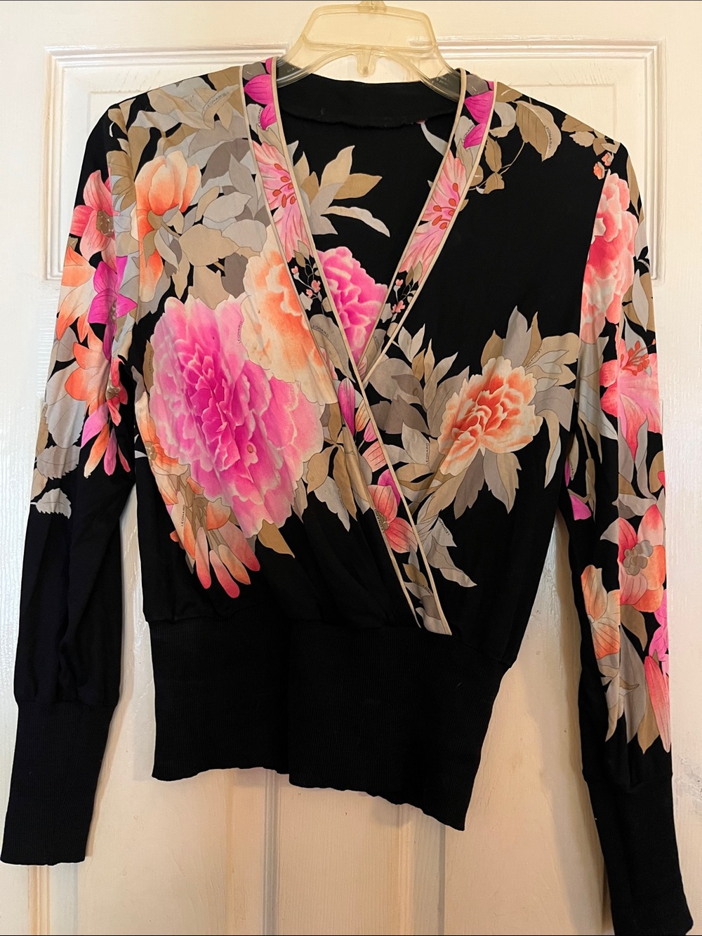 Leonard Paris Black Floral Silk Wrap Top with Pink & Peach Blooms